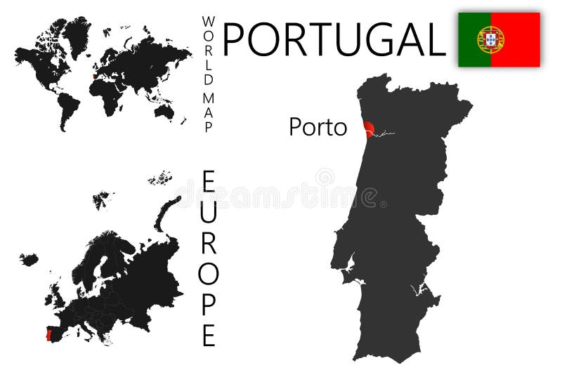 Mapa de portugal e localização na ilustração vetorial do mapa da europa