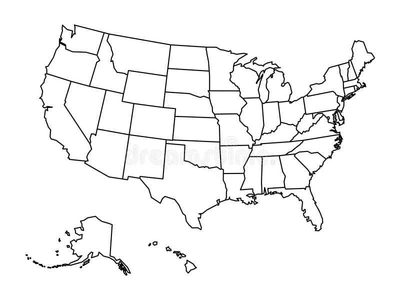 Mapa resumido en blanco de los Estados Unidos de América. Mapa vectorial simplificado hecho de contorno negro grueso sobre fondo stock de ilustración