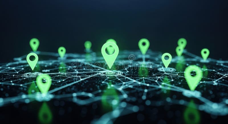 Mapa sieci cyfrowej z połyskującymi zielonymi stykami lokalizacyjnymi i połączonymi punktami danych ilustracja wektor