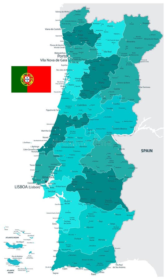 colorida Portugal mapa com regiões e a Principal cidades. vetor ilustração.  24398585 Vetor no Vecteezy