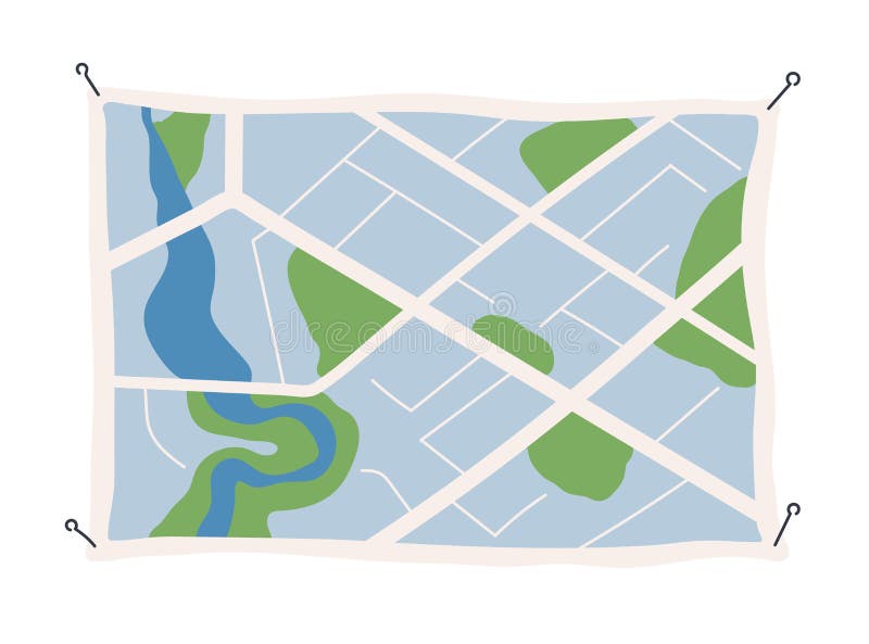 Generic city map with signs of streets, roads and parks. Abstract navigation plan of small urban area. Simple scheme on paper with pins. Colored flat vector illustration isolated on white background. Generic city map with signs of streets, roads and parks. Abstract navigation plan of small urban area. Simple scheme on paper with pins. Colored flat vector illustration isolated on white background.