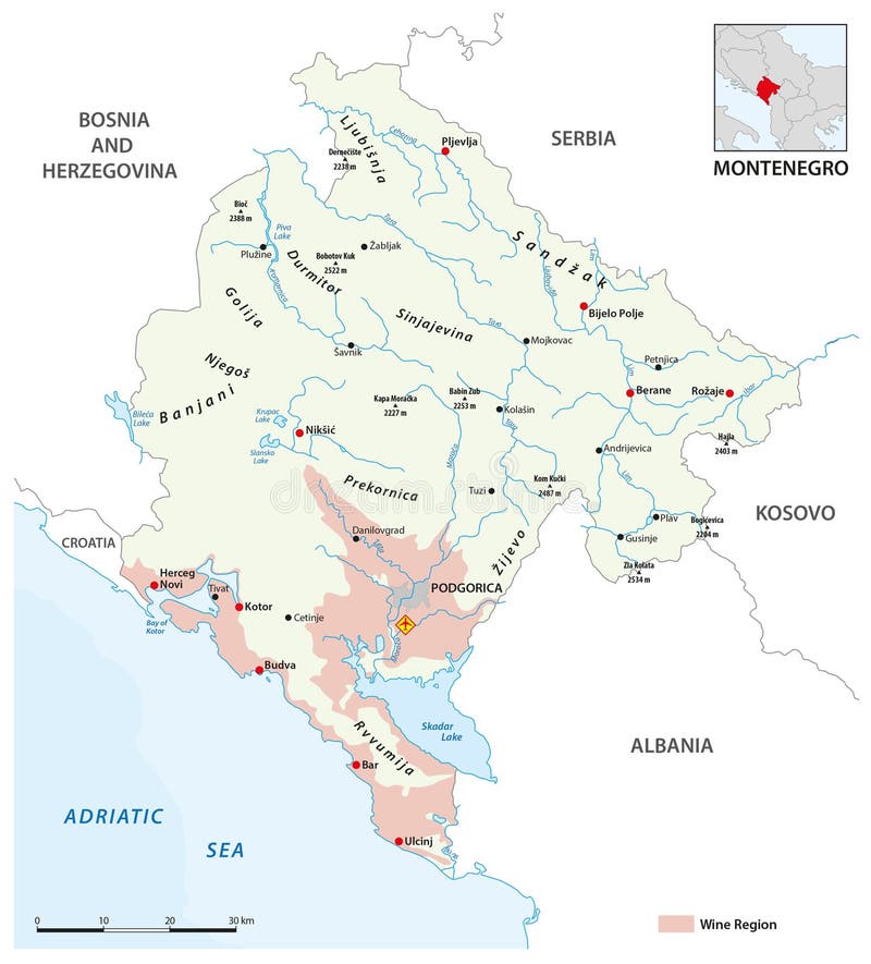 Mapa vectorial de las regiones vitivinícolas de montenegrin montenegro
