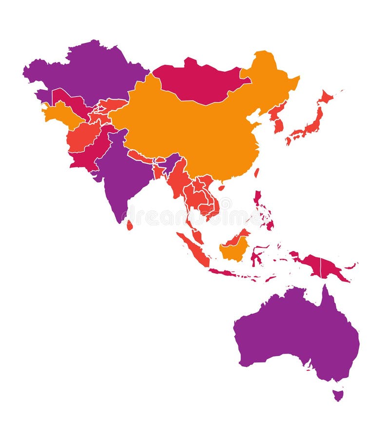 Mapa vectorial detallado de colores de la región de asia pacífico