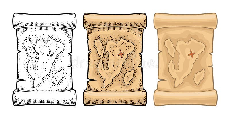 Mapa velho do tesouro do pirata Ilustração da gravura do preto e da cor do vetor do vintage Isolado no fundo branco Projeto tirad ilustração stock Mapa velho do tesouro do pirata Ilustração da gravura do preto e da cor do vetor do vintage Isolado no fundo branco Projeto tirad ilustração stock
