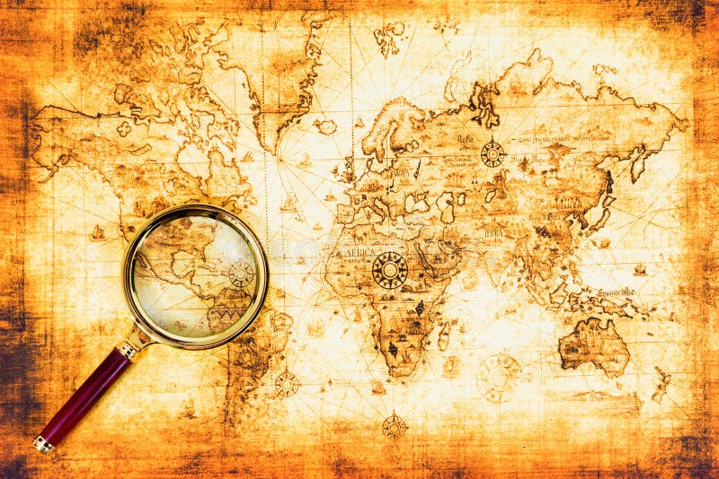 Mapa viejo con una lupa imágenes de archivo libres de regalías Mapa viejo con una lupa imágenes de archivo libres de regalías