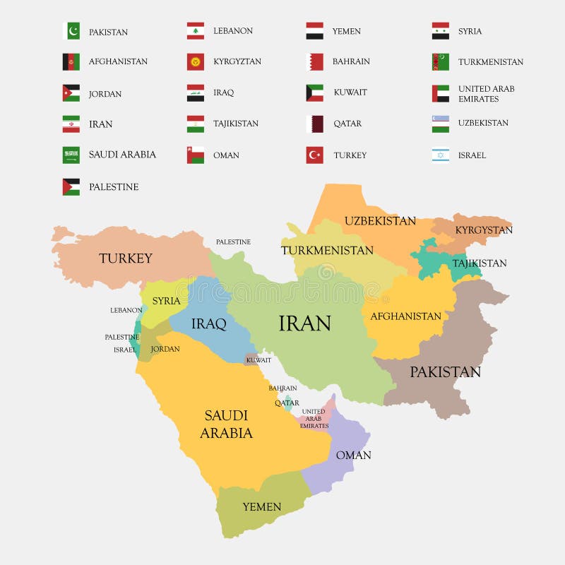 Mapa y banderas de Oriente Medio