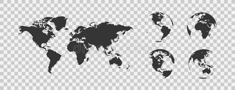 Mapa świata ikona globu ustawiona na czarne na przezroczystym tle. izolowany wektor geograficzny ilustracji