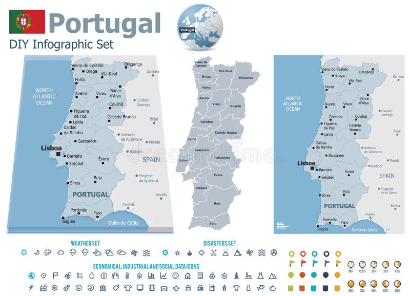 Mapa portugal com regiões e concelhos, distritos Stock Vector