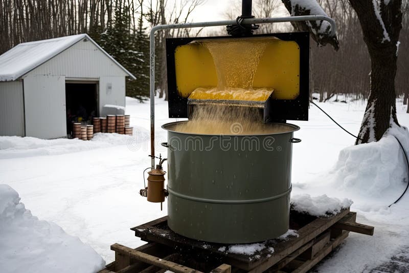Maple Sap Evaporator in Operation, with Clear and Flavorful Sap Being Collected Stock Image