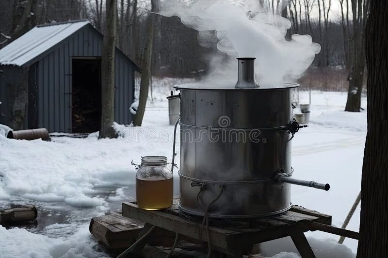 Maple Sap Evaporator in Operation, with Clear and Flavorful Sap Being Collected Stock Photo