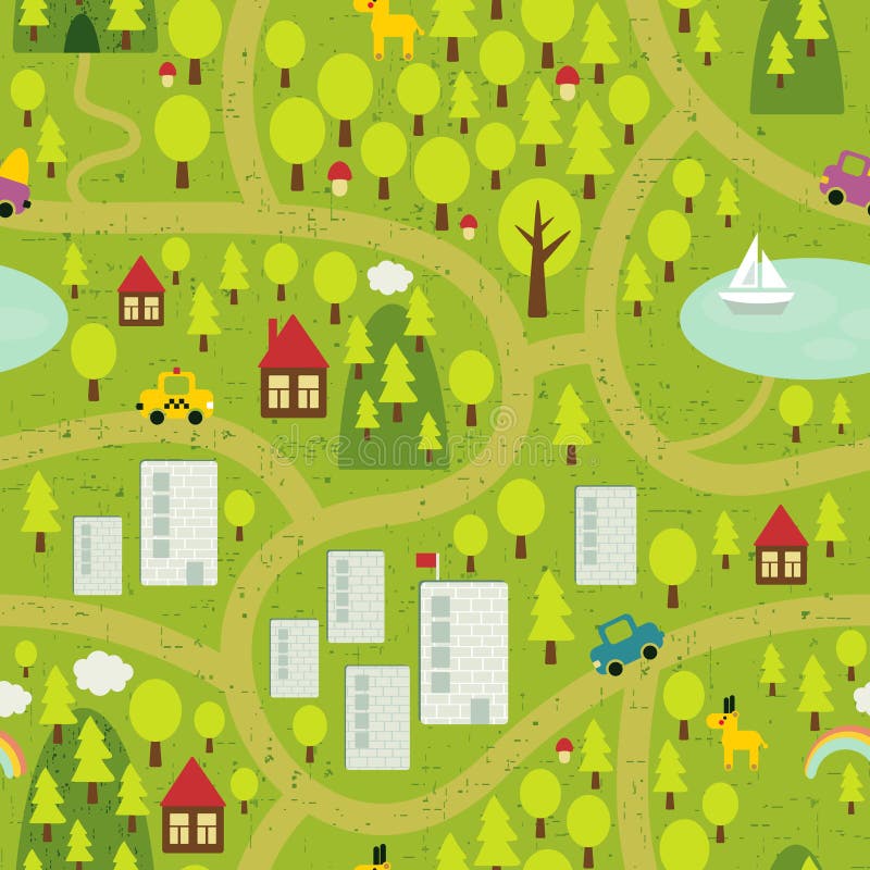 Cartoon map seamless pattern of small town and countryside. Vector landscape. Cartoon map seamless pattern of small town and countryside. Vector landscape.