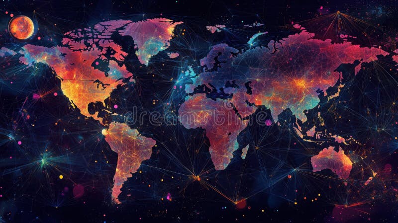 Mappa del mondo colorata con connessioni di rete e background cosmico fotografie stock
