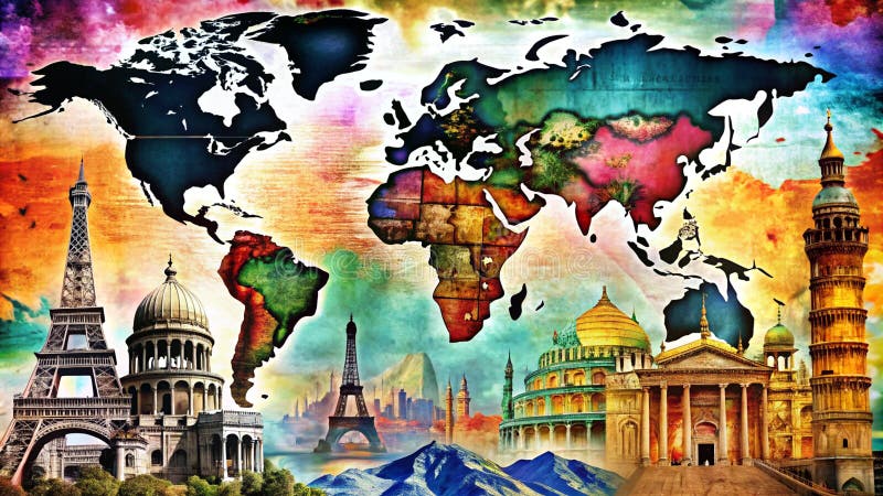 Mappa del mondo colorata con famosi punti di riferimento fotografia stock
