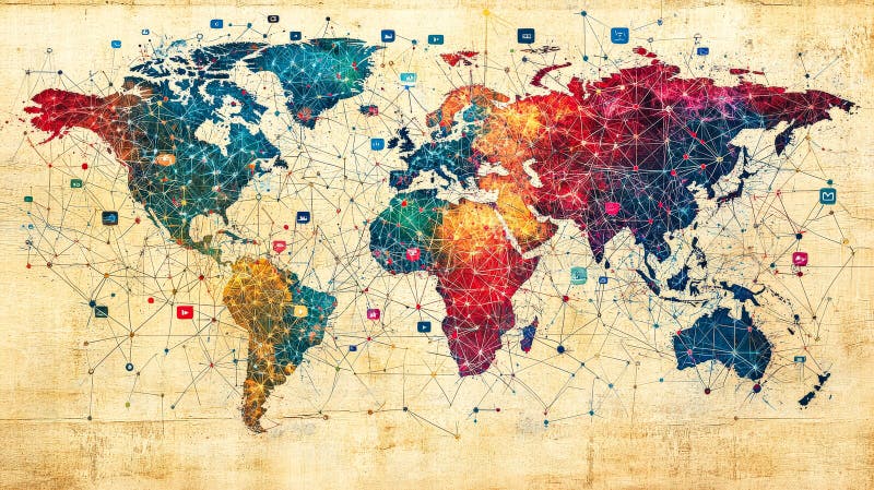 Mappa del mondo colorata con molti punti e linee immagini stock libere da diritti