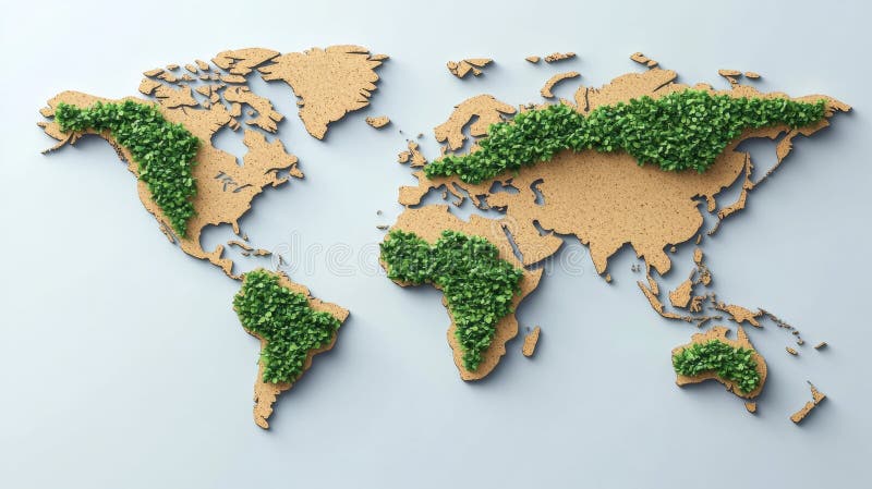 Mappa del mondo ecocompatibile fatta di sughero e verde. Sostenibilità e consapevolezza ambientale immagini stock