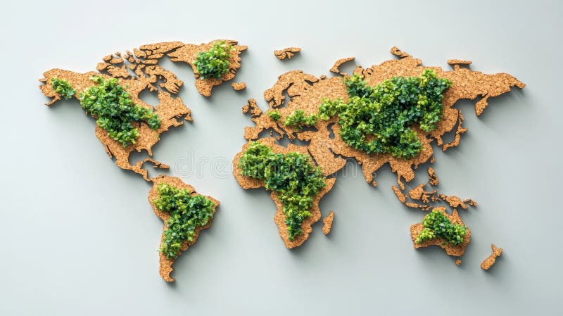 Mappa del mondo ecocompatibile fatta di sughero e verde. Sostenibilità e consapevolezza ambientale immagine stock