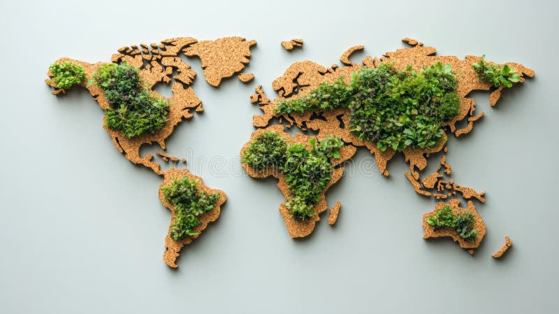 Mappa del mondo ecocompatibile fatta di sughero e verde. Sostenibilità e consapevolezza ambientale immagini stock