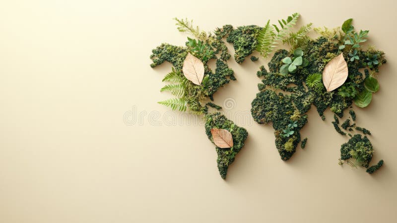 Mappa del mondo ecocompatibile fatta di sughero e verde. Sostenibilità e consapevolezza ambientale fotografia stock