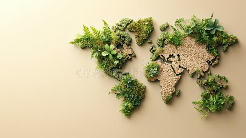 Mappa del mondo ecocompatibile fatta di sughero e verde. Sostenibilità e consapevolezza ambientale fotografia stock libera da diritti
