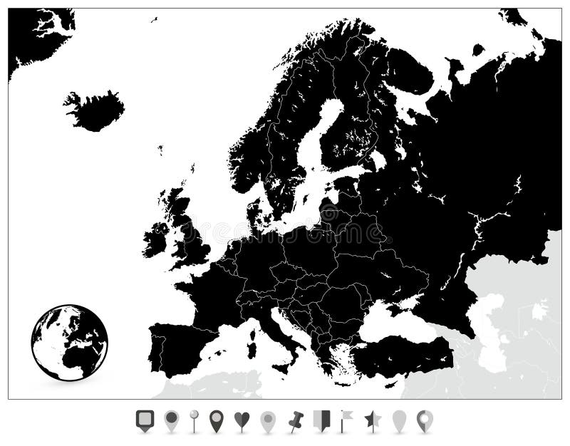 Mappa del nero di Europa ed indicatori piani della mappa royalty illustrazione gratis Mappa del nero di Europa ed indicatori piani della mappa royalty illustrazione gratis