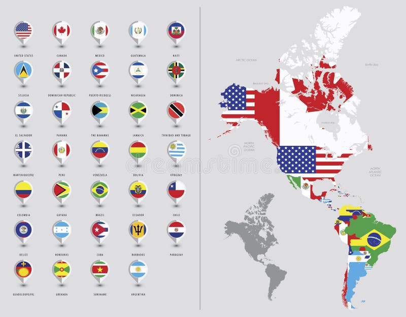Mappa dell'America settentrionale e meridionale Bandiere delle Americhe illustrazione di stock Mappa dell'America settentrionale e meridionale Bandiere delle Americhe illustrazione di stock
