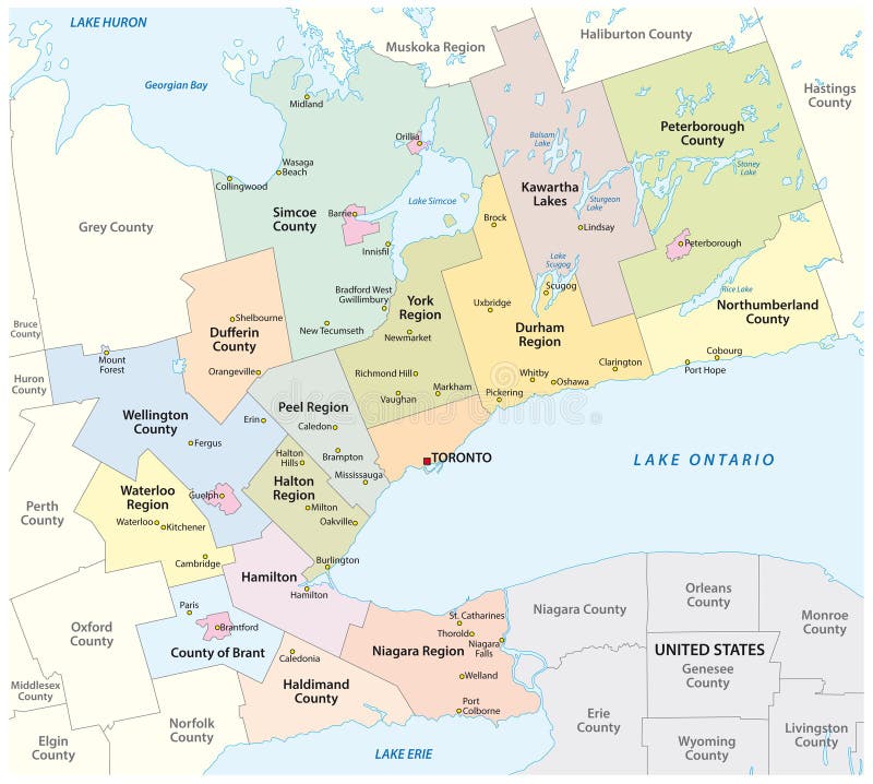 Mappa dell'area metropolitana a ferro di cavallo dorata intorno all'estremità ovest del lago Ontario Ontario Canada