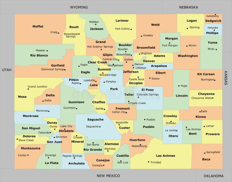 Colorado County Map with 64 counties, county seats, and neighboring states/country. Each county and neighboring states/country is an individual object. Colorado County Map with 64 counties, county seats, and neighboring states/country. Each county and neighboring states/country is an individual object