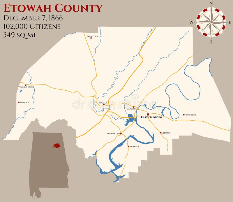 Mappa della contea di Etowah nell'Alabama illustrazione vettoriale Mappa della contea di Etowah nell'Alabama illustrazione vettoriale