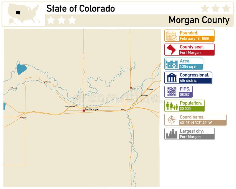 Detailed infographic and map of Morgan County in Colorado USA. Detailed infographic and map of Morgan County in Colorado USA