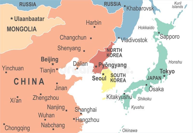 Mappa della Corea del Nord Corea del Sud Giappone Cina Russia Mongolia - illustrazione di vettore illustrazione vettoriale