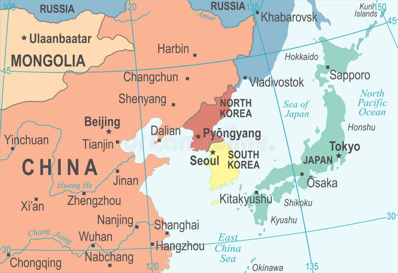 Mappa della Corea del Nord Corea del Sud Giappone Cina Russia Mongolia - illustrazione di vettore royalty illustrazione gratis