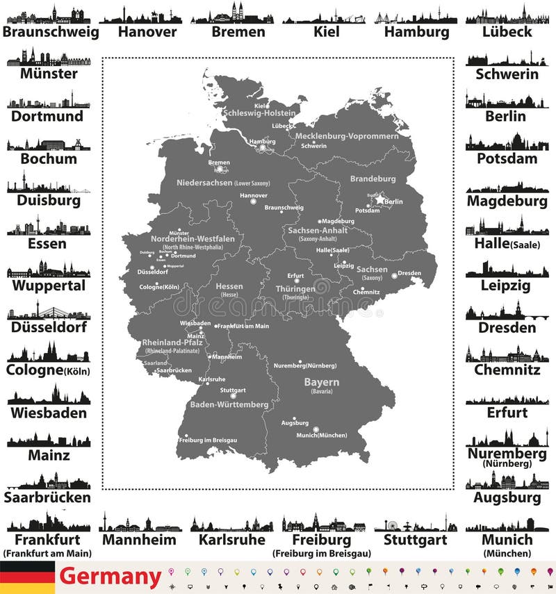 Mappa della Germania con i capitali dello Stato e le siluette degli orizzonti delle più grandi città illustrazione di stock Mappa della Germania con i capitali dello Stato e le siluette degli orizzonti delle più grandi città illustrazione di stock