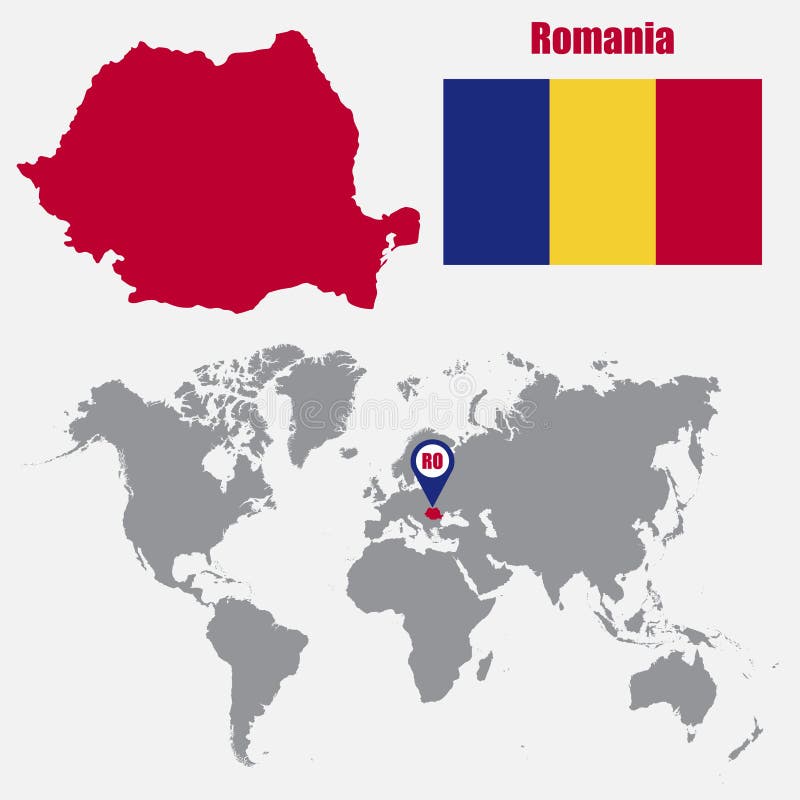 Mappa della Romania su una mappa di mondo con il puntatore della mappa e della bandiera Illustrazione di vettore illustrazione vettoriale Mappa della Romania su una mappa di mondo con il puntatore della mappa e della bandiera Illustrazione di vettore illustrazione vettoriale