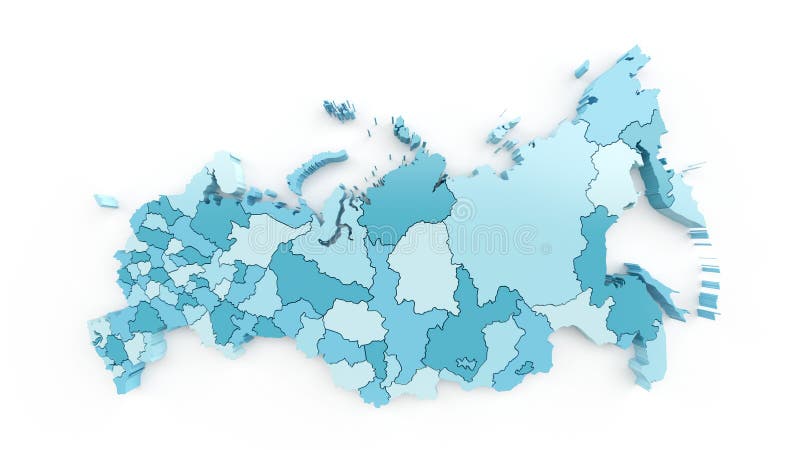 Detailed map of regions of Russian Federation in turquoise color on white. 3D rendering. Detailed map of regions of Russian Federation in turquoise color on white. 3D rendering