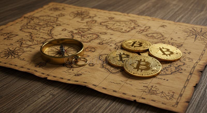 Mappa di annata con monete a bussola e monete in bitume sulla superficie di legno fotografie stock