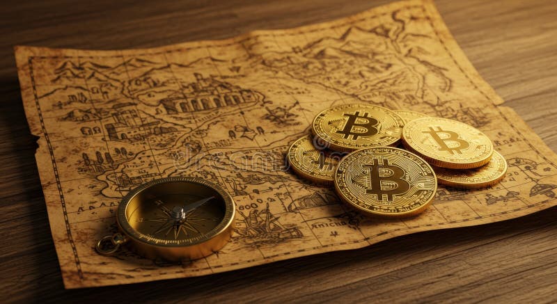 Mappa di annata con monete a bussola e monete in bitume sulla superficie di legno fotografia stock