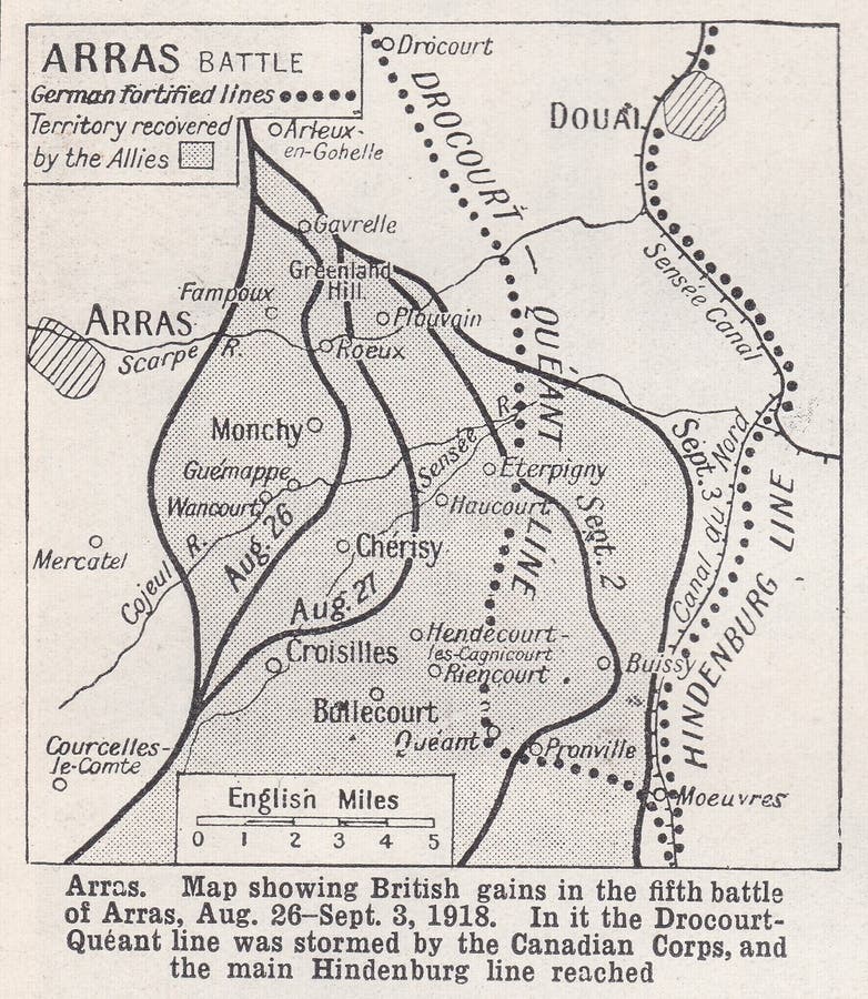 Arras - Map showing British gains in the fifth battle of Arras, August 26th to September 3rd 1918. In it the Drocourt - Queant line was stormed by the Canadian Corps, and the main Hindenburg line reached. Arras 1918 was a battle honour awarded to units of the British and Imperial Armies that took part in one or more of the following engagements in World War I: First Battle of Arras Second Battle of Arras. Arras - Map showing British gains in the fifth battle of Arras, August 26th to September 3rd 1918. In it the Drocourt - Queant line was stormed by the Canadian Corps, and the main Hindenburg line reached. Arras 1918 was a battle honour awarded to units of the British and Imperial Armies that took part in one or more of the following engagements in World War I: First Battle of Arras Second Battle of Arras