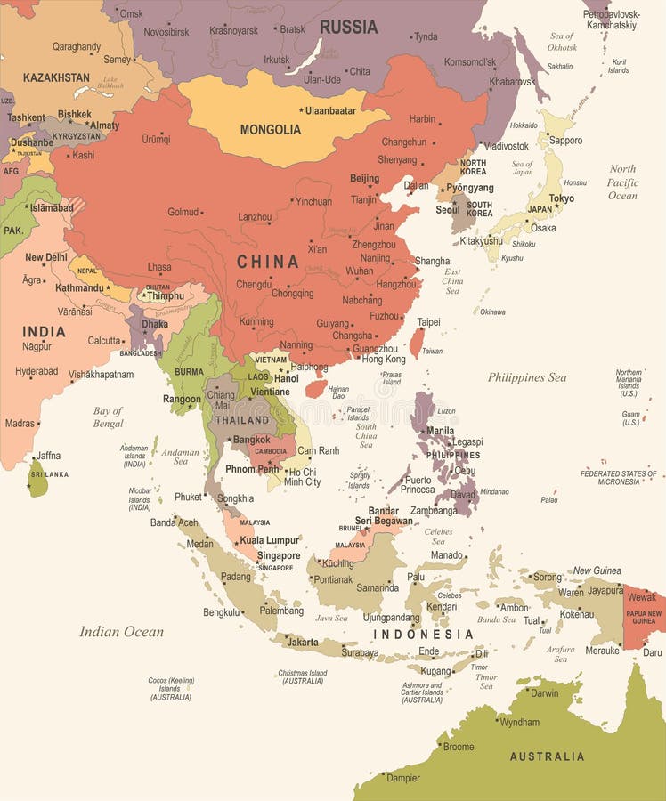 Mappa di Asia Orientale - illustrazione d'annata di vettore