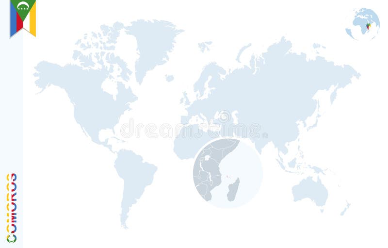 Mappa di mondo blu con l'ingrandimento sulle Comore illustrazione vettoriale