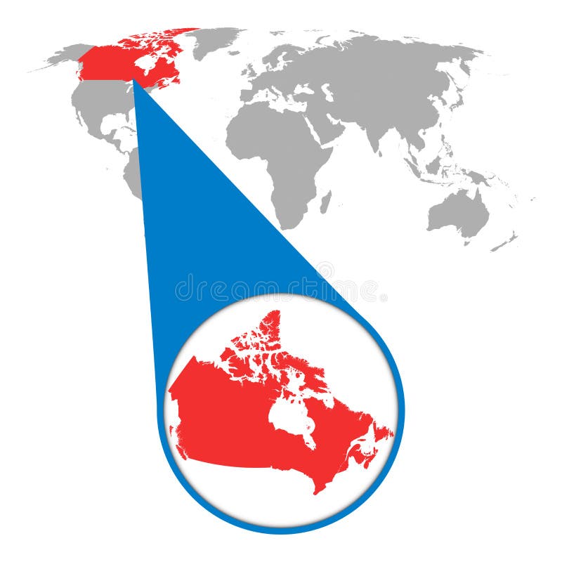 Mappa di mondo con lo zoom sul Canada Mappa in lente di ingrandimento illustrazione di stock Mappa di mondo con lo zoom sul Canada Mappa in lente di ingrandimento illustrazione di stock