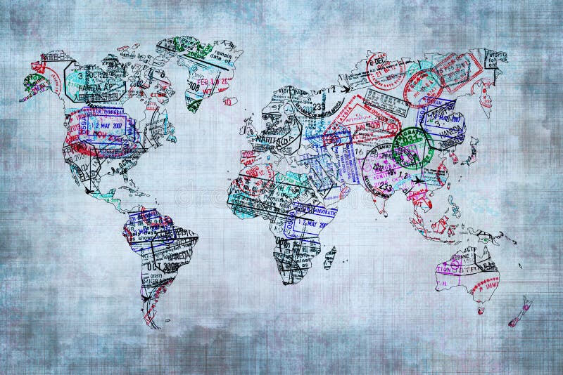Mappa di mondo creata con i bolli del passaporto