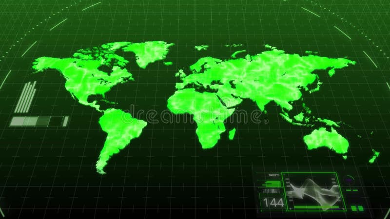 Mappa di mondo verde dell'ambiente di animazione che mostra i continenti importanti del concetto tra l'Asia e l'Europa del comput