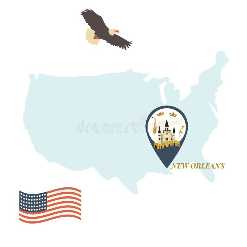 Mappa di U.S.A. con New Orleans Pin Travel Concept royalty illustrazione gratis Mappa di U.S.A. con New Orleans Pin Travel Concept royalty illustrazione gratis