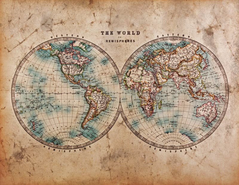 Mappa di vecchio mondo negli emisferi