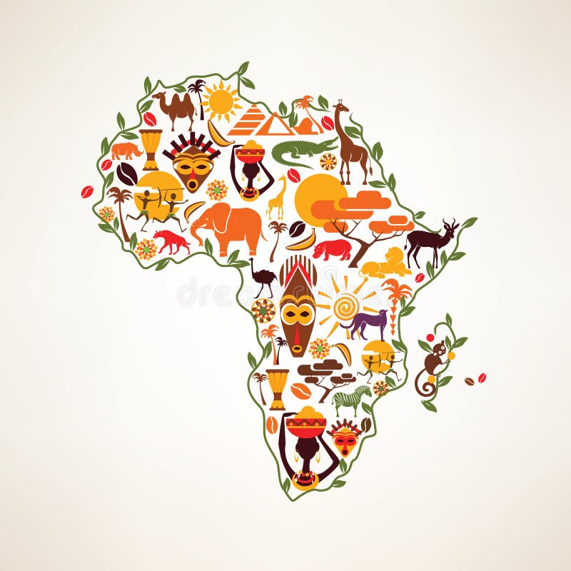 Mappa di viaggio dell'Africa, simbolo decrative del continente dell'Africa con eth