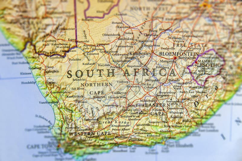 Mappa geografica del Sudafrica con le città importanti immagini stock libere da diritti