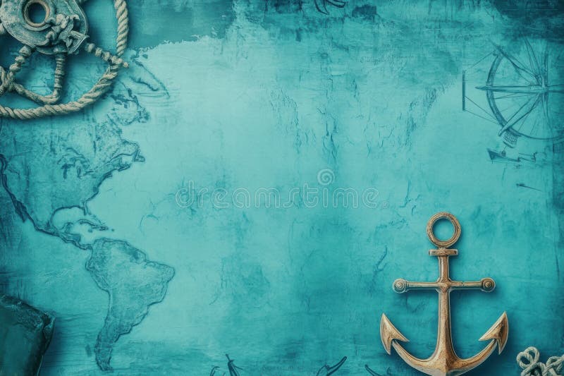 Mappa nautica con elementi marittimi ancorati e storici in uno sfondo blu sereno con ampio spazio per testo fotografia stock libera da diritti