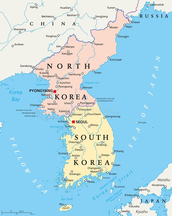 Mappa politica della Corea del Sud e della Corea del Nord illustrazione vettoriale