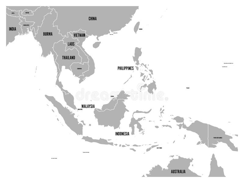 Mappa politica di Sud-est asiatico Terra grigia su fondo bianco con le etichette di nome del Paese Nero Vettore piano semplice