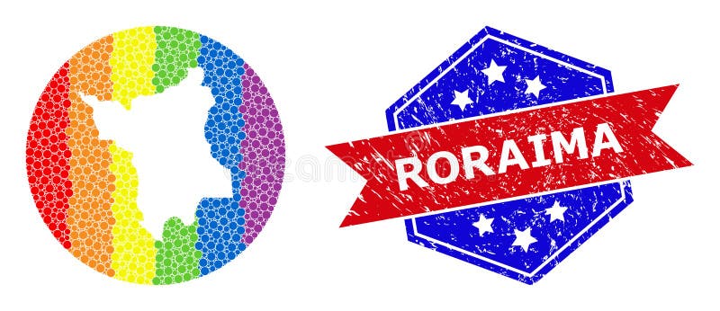 Mappa a punti colorata in arcobaleno del mosaico di stato roraima con spazio vuoto per lgbt e sigillo a bicolore in caso di perico royalty illustrazione gratis